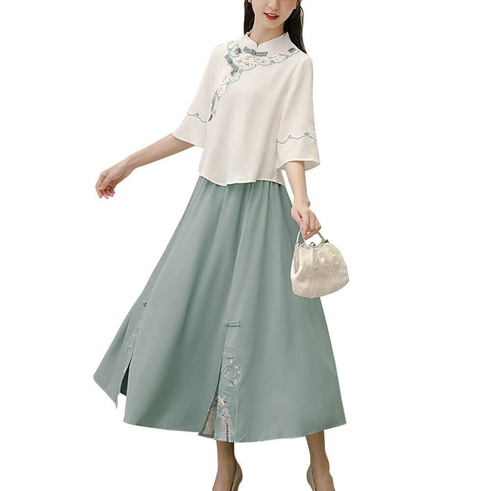 1122 Chinese Tang Suit Traditional Qipao Cheongsam Embroidered Two Piece